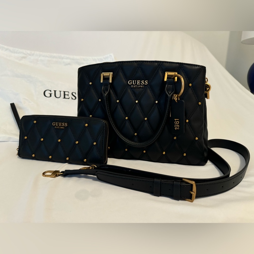 Guess Tirana Black Quilted Studded Antique Bronze Detail PU Satchel + Wallet Set